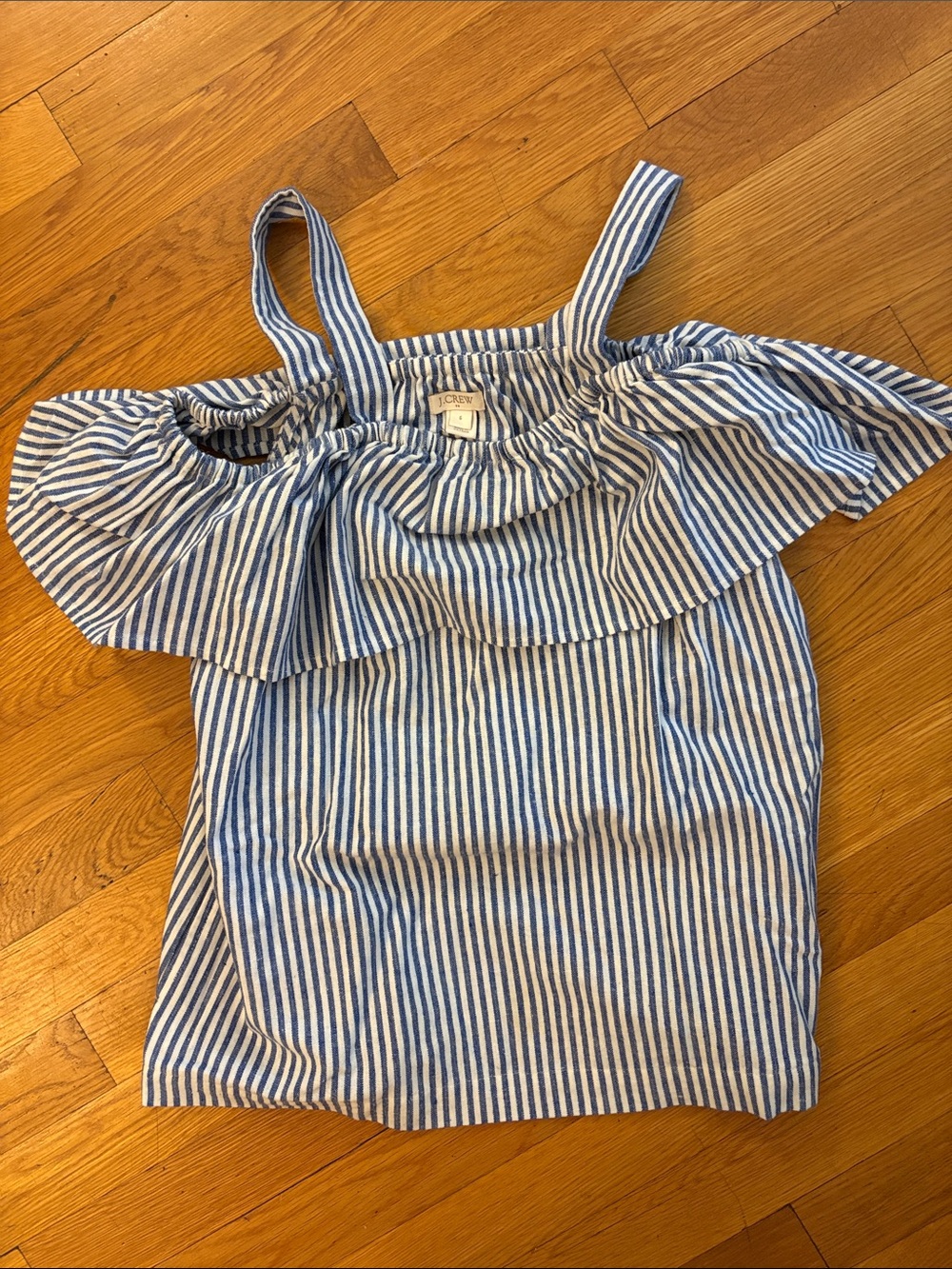 J. Crew Blue and White Striped Ruffle Shoulder Top